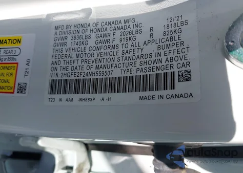 2022 Honda Civic Lx z USA, uszkodzony, nr VIN 2HGFE2F24NH559507